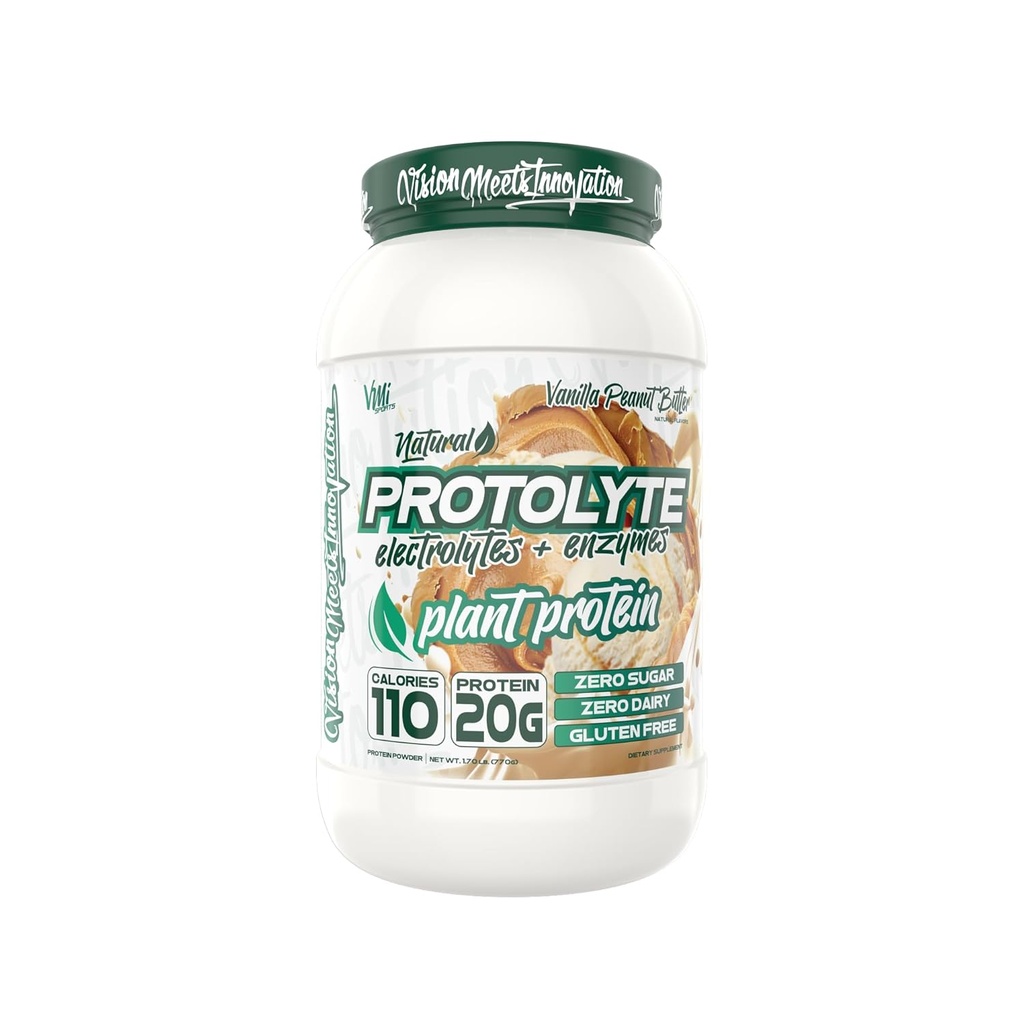 Protolyte Natural Plant Protein by VMI Sports with Electrolytes and Enzymes | Zero Sugar – Zero Dairy – Gluten Free | 20 G Protein + 10.5 G of EAAs (25 serving, Vanilla Peanut Butter)