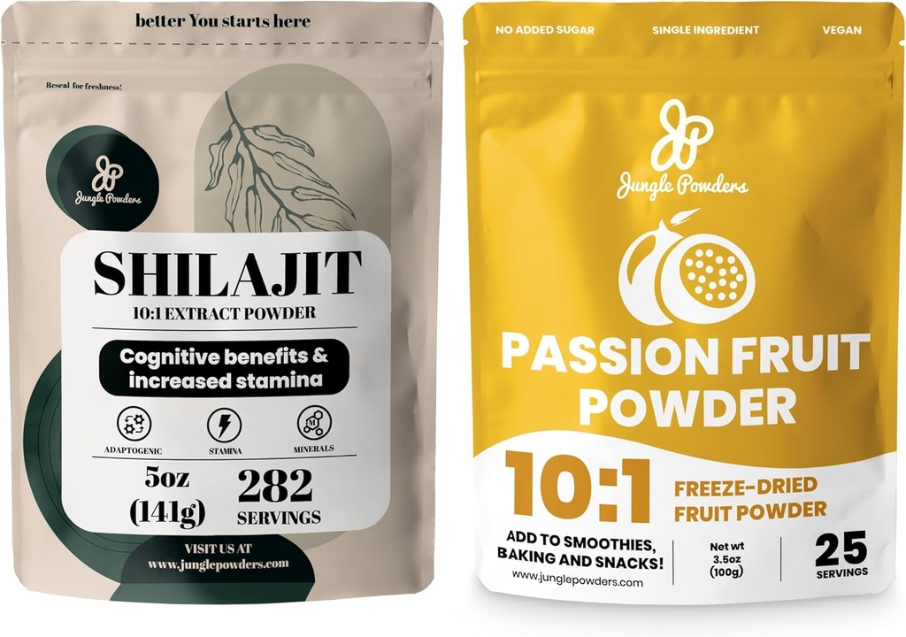 Polvos Jungle Premium Duo: 5oz Shilajit crudo & 3.5oz Polvo de frutas de la pasión - Soporte energético para hombres, Immune Boost, con Freeze Pasta de frutas de la pasión seca para hornear, Smoothies, Extracto libre de ingredientes