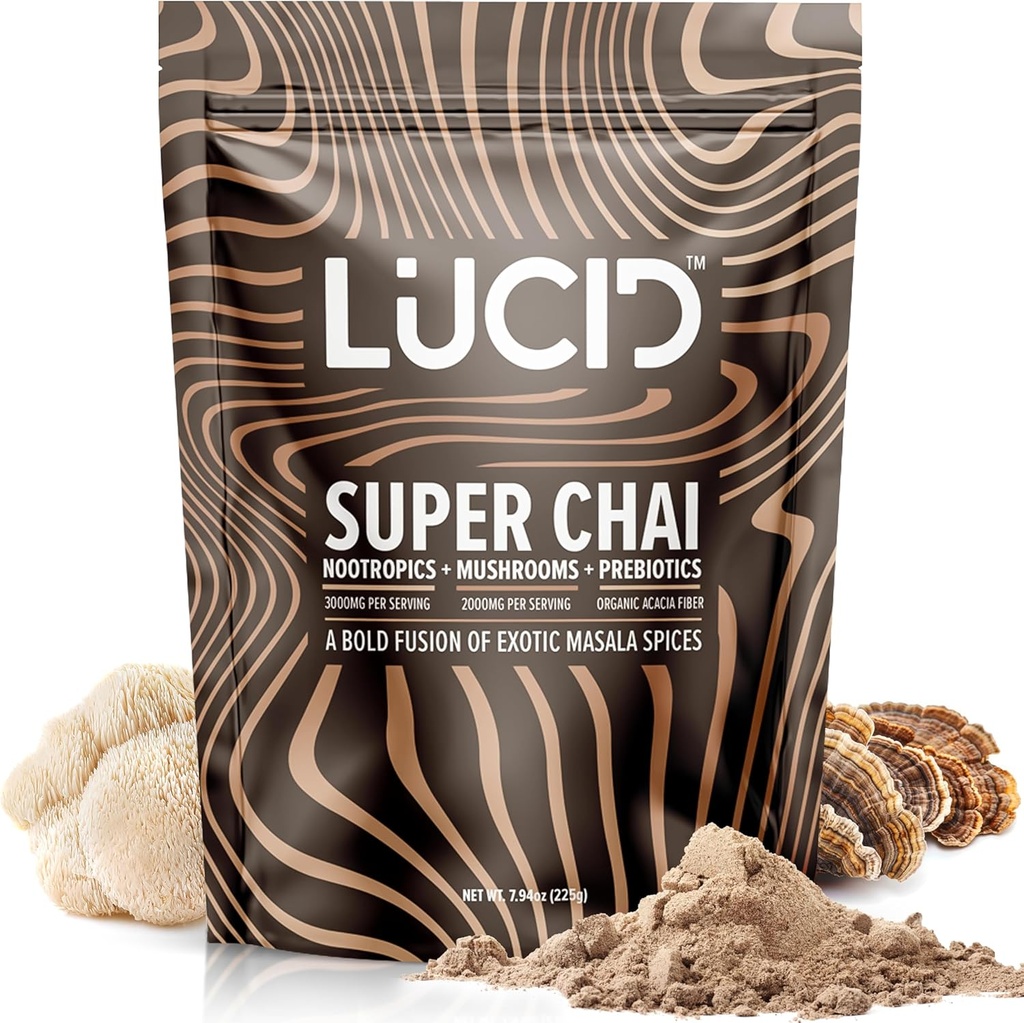 Lucid Superfood Organic Mushroom Chai with Nootropics - Lion's Mane, Tremella, Cordyceps & Turquía Tail - Instant Mushroom Chai Focus Brain Health - Alpha GPC, L-Theanine, Ginko Biloba - USA Made