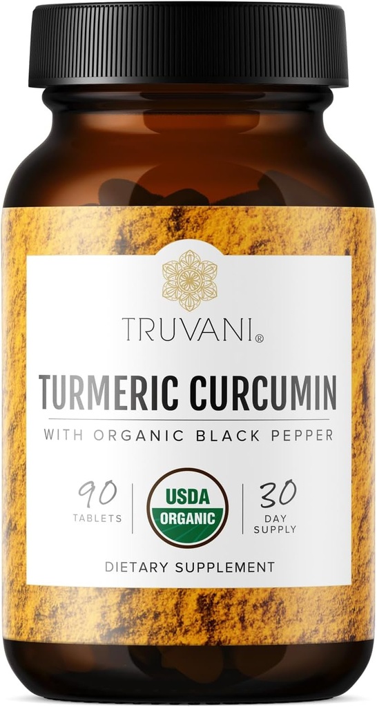 Truvani Tablas de Curcumina Turmérica Orgánica 1,350 mg Cada - Soporte Conjunto Natural con Pepper Negro para Absorción - 90 Tabletas