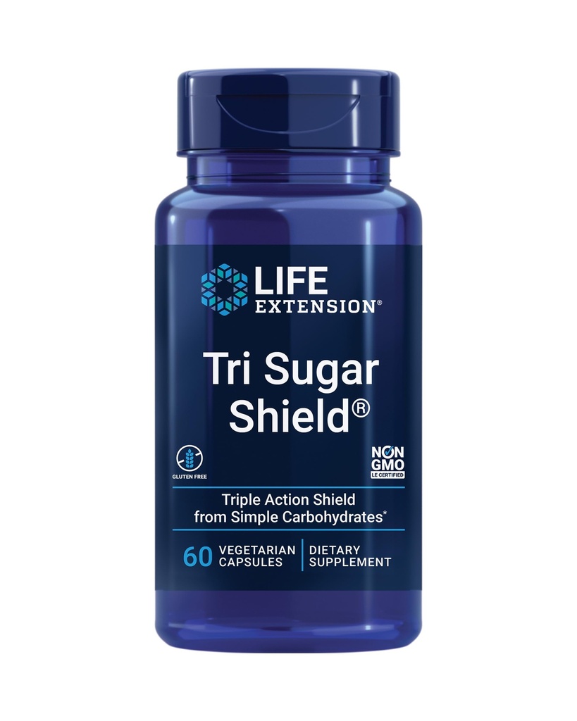 Life Extension Tri Sugar Shield®, Sorghum bran, White Mulberry, phloridzin Apple polyphenol, Three Botanical extracts Promote Healthy Glucose Metabolism, Gluten-Free, Non-GMO, Vegetarian, 60 cápsulas