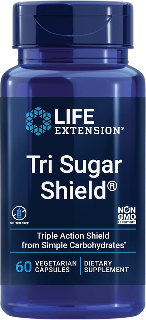 Life Extension Tri Sugar Shield®, Sorghum bran, White Mulberry, phloridzin Apple polyphenol, Three Botanical extracts Promote Healthy Glucose Metabolism, Gluten-Free, Non-GMO, Vegetarian, 60 cápsulas