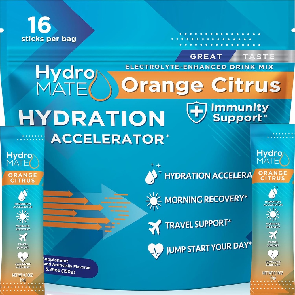 HydroMATE Electrolytes Polvo con azúcar baja - 16 Instant Hydration Packets with Vitamin C Orange to Boost Energy - Low Sugar Electrolytes Powder Packets to Support Hydration for Fast Party Recovery