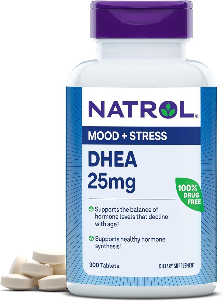 Natrol Mood & Stress DHEA 25mg con Calcio, Suplemento dietético para Equilibrio de Ciertos Niveles de Hormonas y Soporte de Mood, 300 Tabletas, 300 Day Supply