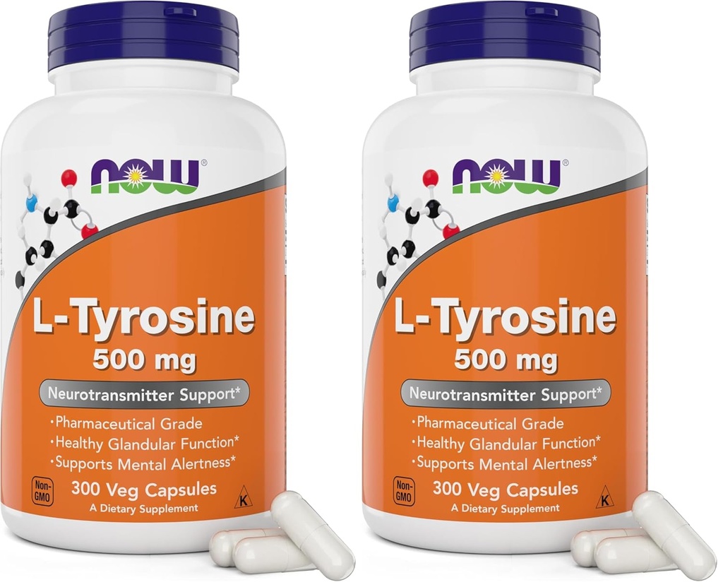 AHORA Foods L-Tyrosine 500mg, 300 cápsulas - No GMO - Supports Mental Alertness - 500 mg Caps - Free Form Supplement (Pack of 2)