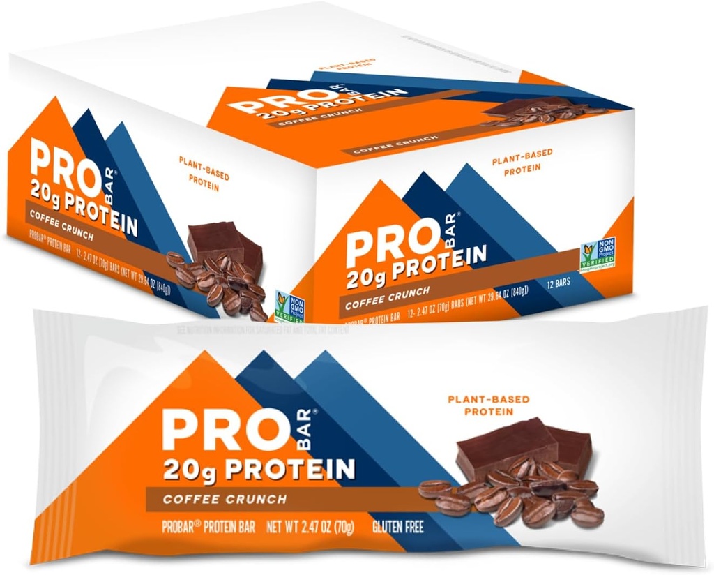 PROBAR - PROTEIN Bar, Café Crunch, No GMO, Libre de gluten, Saludable, Planta-Basada, Ingredientes de todo el alimento, Energía Natural (12 Conteo)