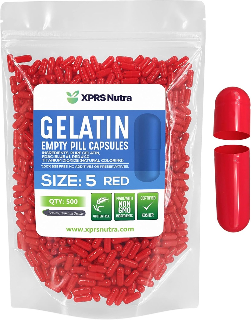 XPRS Nutra Size 5 Empty Capsules - 500 Count Very Small Empty Gelatin Capsules - Pills DIY Capsule Filling - Fillable Pill Gel Caps for Do-It-Yourself Vitamin Supplements (Red)