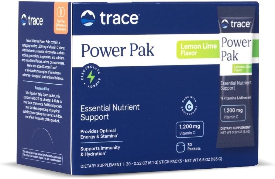 Trace Minerals Power Pak Multivitamin y Packets Multimineral - Electrolyte Support - 1200 mg Vitamina C plus 70+ Trace Minerals - Limo Lime Flavor - 30 Packets