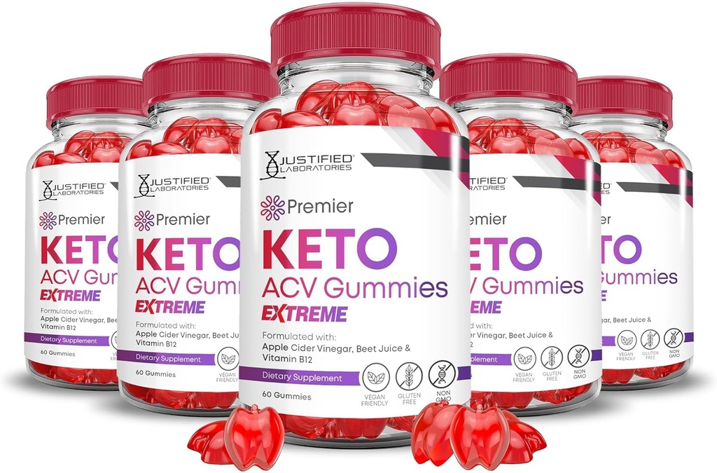 Laboratorios Justificados (5 Pack Premier Keto ACV Gummies Advanced Extreme 2000MG Premier Keto Gummies Apple Sider Vinegar Formulado con Pomegranate Beet Juice Powder B12 Vegan Non GMO 300 Gummys