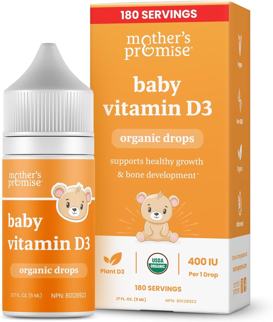 Promesa de la madre Bebé Orgánica Vitamina D gotas TENIDO 100% Planta Basada TENIDO Crecimiento saludable &amp; Desarrollo de los huesos TENIDO Age Newborn+ ANTE 180 Sirve para bebés Vitamina D3 Líquido para bebés &amp; niños