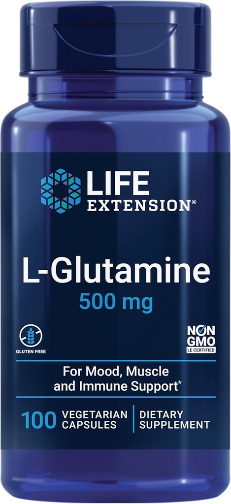 Extensión de la vida L-Glutamina, 500 mg L-glutamina, Amino Acid, apoya la salud muscular y la salud inmunitaria, libre de gluten, no GMO, 100 cápsulas vegetarianas