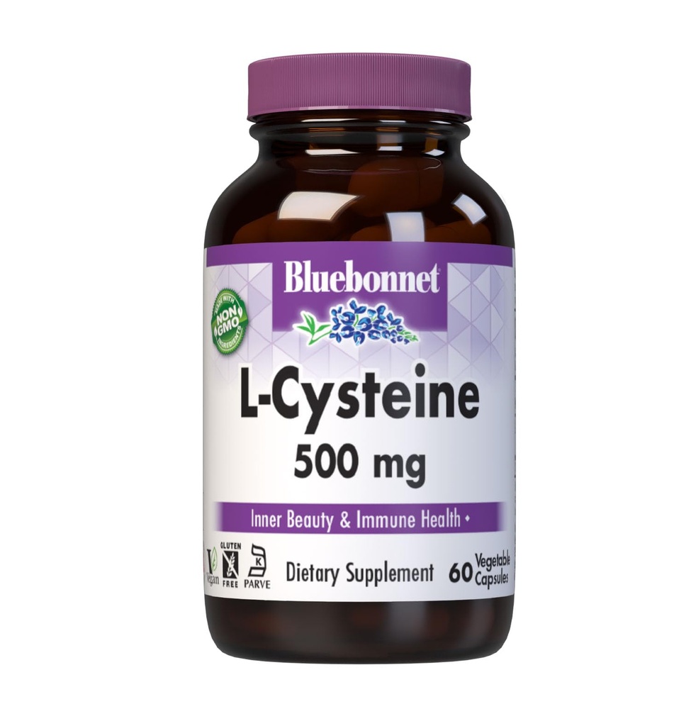 Bluebonnet Nutrition L-Cysteine 500mg, Free-Form Amino Acid, Promotes Healthy Skin, Hair and Nails, Soy-Free, Gluten-Free, Non-GMO, Kosher Certified, Vegan, White, 60 cápsulas vegetales