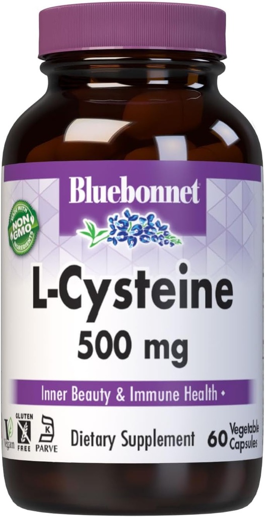 Bluebonnet Nutrition L-Cysteine 500mg, Free-Form Amino Acid, Promotes Healthy Skin, Hair and Nails, Soy-Free, Gluten-Free, Non-GMO, Kosher Certified, Vegan, White, 60 cápsulas vegetales