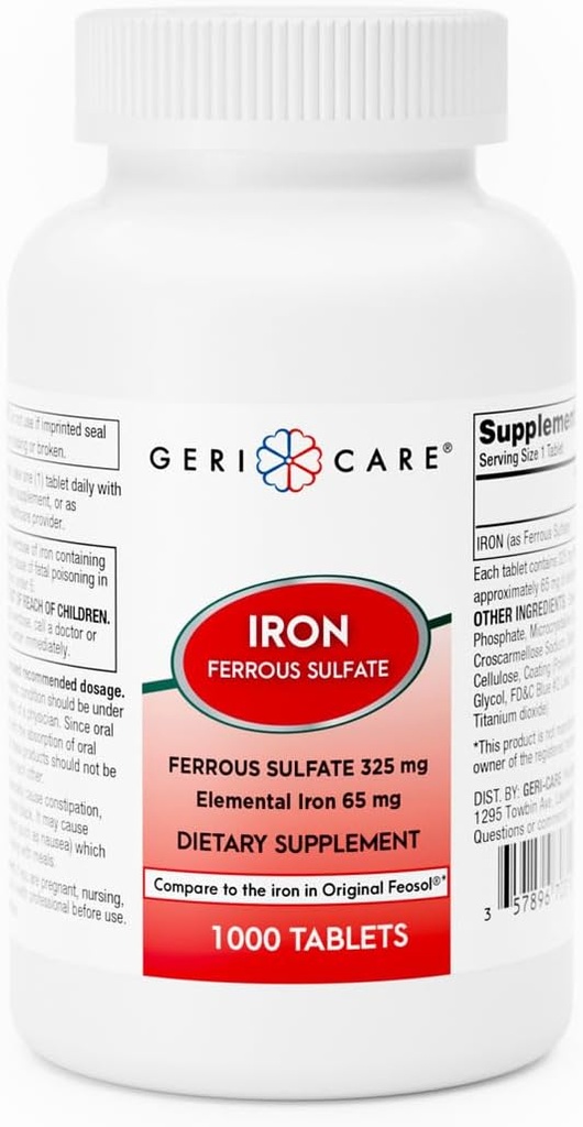 GeriCare Ferrous Sulfate Tablets 325mg, Elemental Iron 65 mg High Potency Iron Supplement | Dietary Supplement 1000 Count. (Pack of 1)