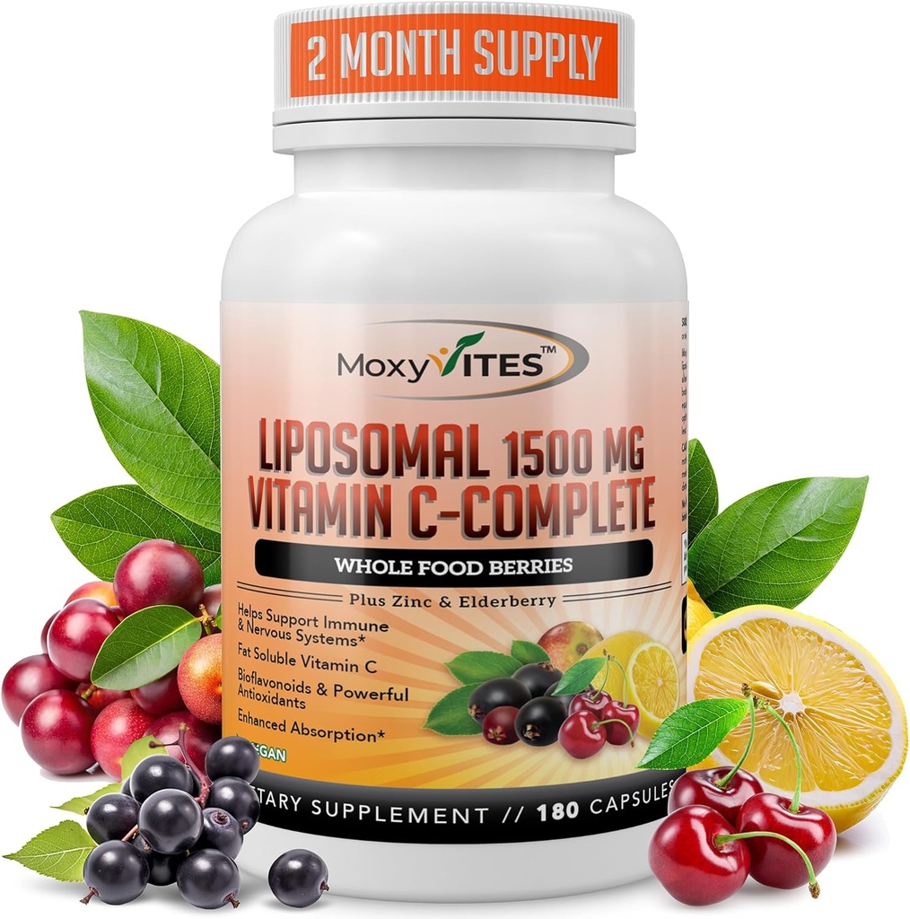 Vitamina Liposómica C con cápsulas de zinc - Vit C Elderberry orgánica, Amla, Camu Camu- Vitamina C alta absorción, Anti envejecimiento, Immune Support,1500mg/Serving 3 meses de suministro Gluten libre NON GMO Veggie Caps