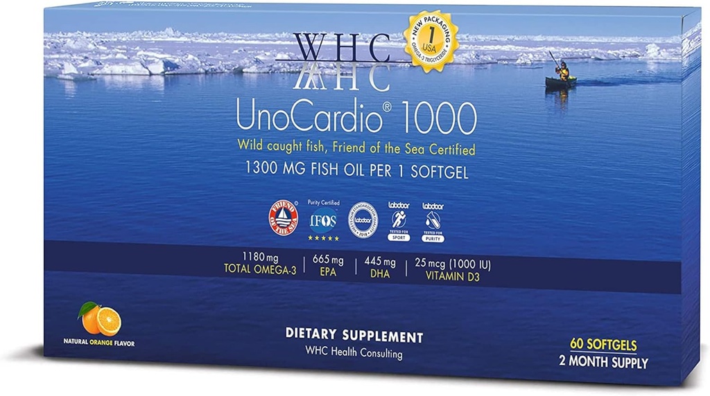 WHC, UnoCardio 1000 Fish Oil, 1300 mg de Pure Triglyceride Fish Oil con Omega-3 (1180 mg), 665 mg EPA y 445 mg DHA y 25 mcg (1000 UI) Vitamina D3 por softgel, Natural Orange, 60 softgels