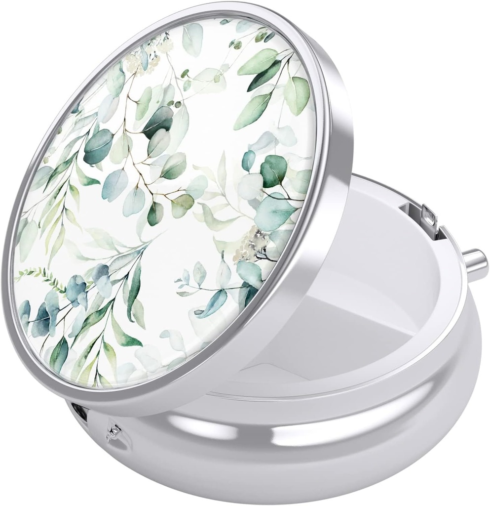 Nipichsha Pill Box, Small Pill Case for Purse & Pocket, Cute Travel Medicine Organizer, Portable Medicine Container Holder to Hold Vitamins, Medication, Fish Oil &amp; Supplement, Eucalyptus Leaf