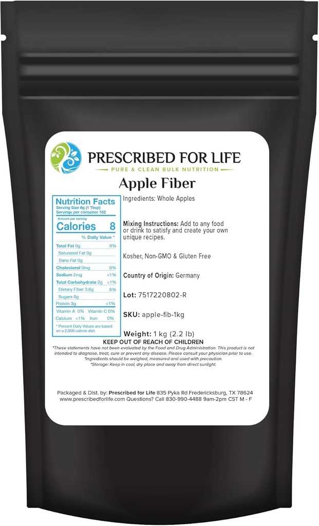 Prescrito para la vida Apple Fiber Powder, Natural Apple Pectin Fiber Suplemento para la Salud Digestiva, Vegan, No GMO, Gluten Free (1kg / 2.2lb)
