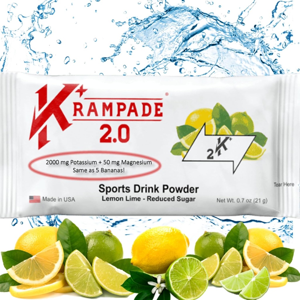 Krampade Potassium Magnesium Supplement Electrolytes Powder - 50 mg Mag + 2000 mg K, √2X Más que Coconut Water ¦ Cramp Relief ← Hydration Packets