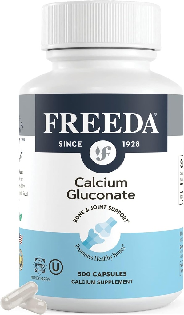 Freeda Calcium Gluconate – Kosher Vegan Calcium Supplement – Easy to Digest & Absorb – Supports Bone Strength – Pure Calcium Without Vitamin D – (500 cápsulas)