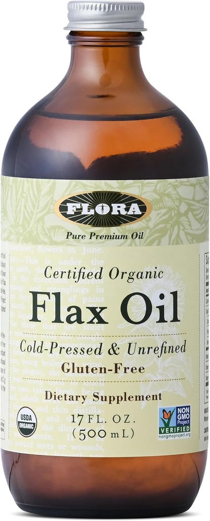 Flora - Flax Oil - Cold-Pressed, Unrefined, Organic Flax Seed Oil - Contains Omega-3 & Omega-6 - Non-GMO & Gluten-Free - Keep Chilled - 17 fl. oz. Amber Glass Bottle