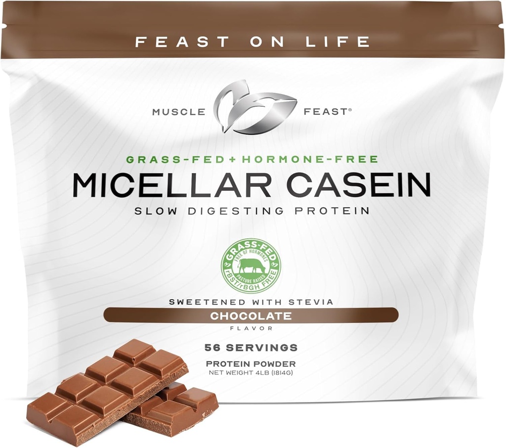 Muscle Feast Grass Fed Micellar Casein Protein Powder, Pasture Raised & Hormone Free, Slow Digesting Casein Protein - Supports Overnight Muscle Recovery, Gluten Free Protein Powder - Chocolate, 4lb