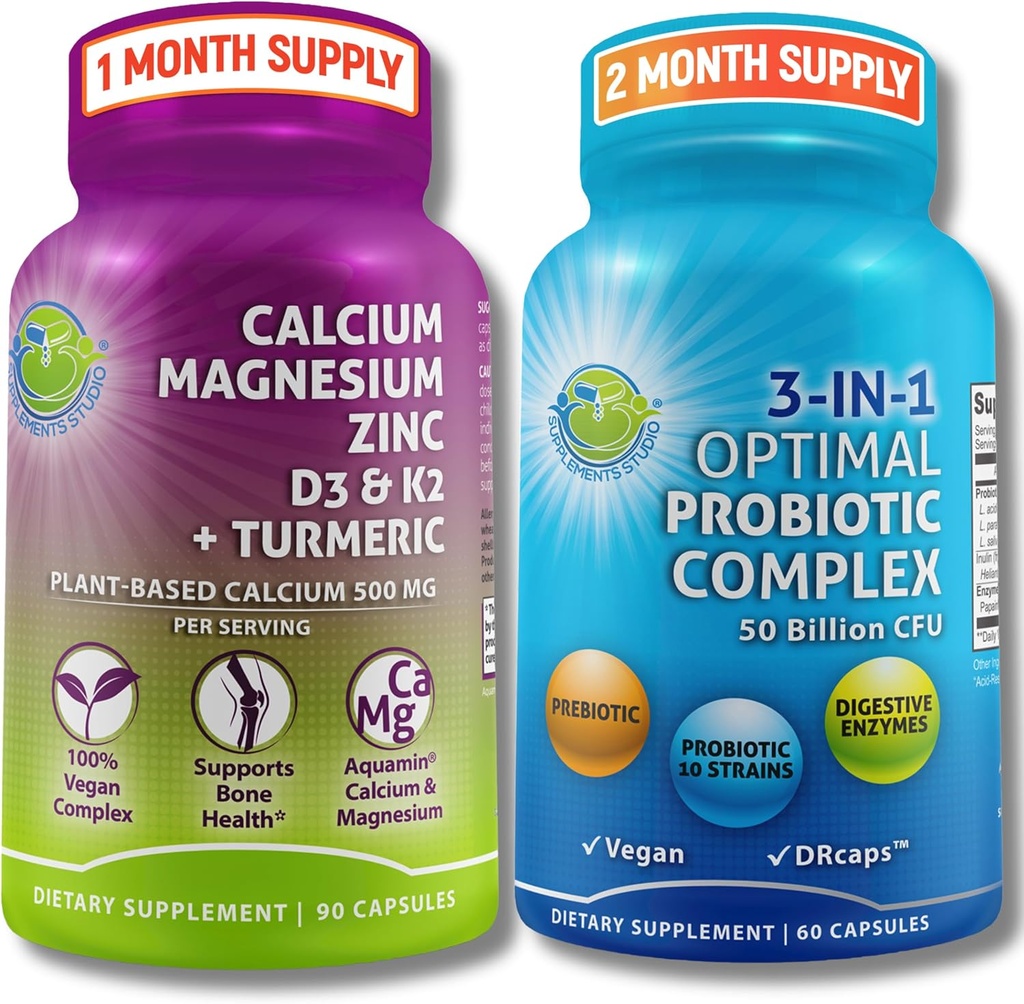 Bone Health " Gut Support Bundle – 3-in-1 Probiotic 50 Billion CFU, Prebiotic and Digestive Enzymes + Calcium de base vegetal, Magnesium, Zinc, D3, K2 " Organic Turmeric – Vegan, Non-GMO, Clean Label