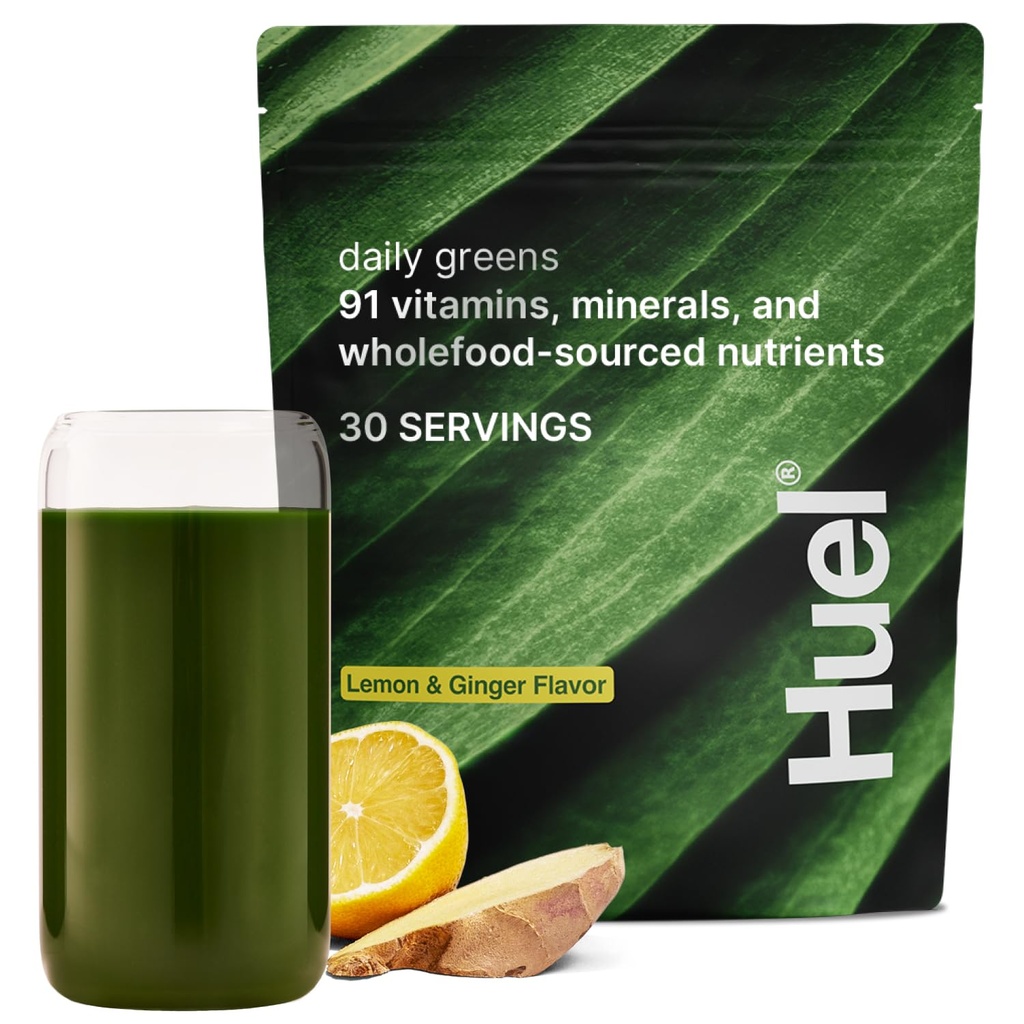 Huel Daily Greens Lemon &amp; Ginger TEN Superfood Greens Powder TEN 91 Vitaminas, Minerales y Ingredientes de todo tipo alimentarios TEN Adaptogens, Antioxidantes, Gut-Friendly Probiotics TEN 30 Servings
