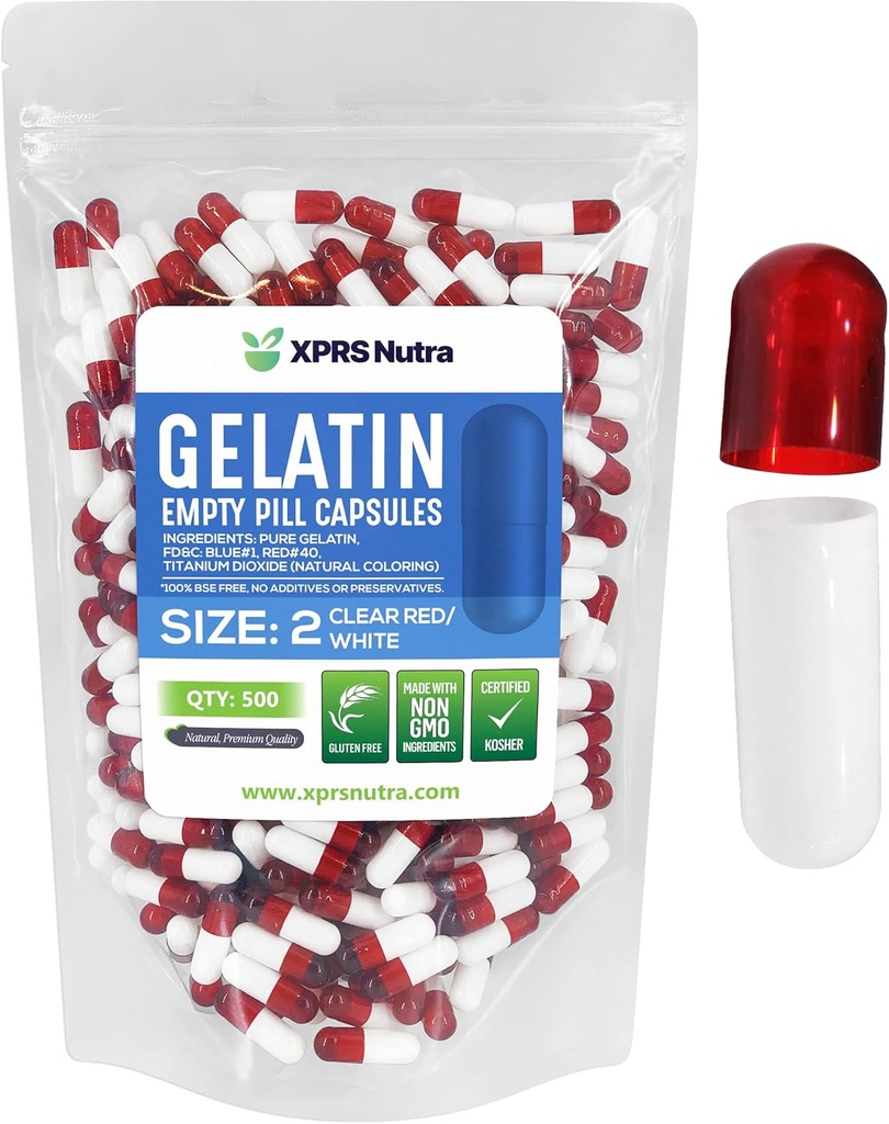 XPRS Nutra Size 2 Empty Capsules - 500 Count Empty Gelatin Capsules - Pills DIY Capsule Filling - Pure Bovine Pill Gel Caps for Do-It-youself Supplements (Clear Red/White)