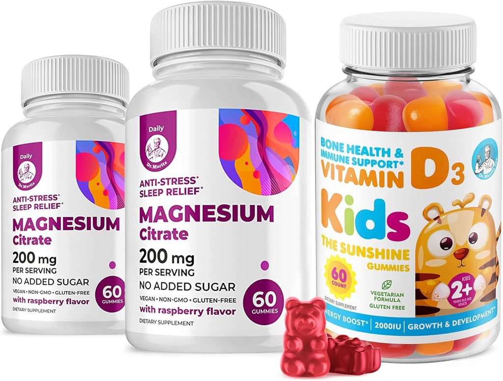 Vitamina D Gummies para niños pequeños Adultos 2000 UI y Magnesio Gummies - saludable Vitamina D3 Suplementos 1000IU - Vegetariano Gelatin-Free Immune Apoyo con Magnesium Calm Chews para niños afectadosAdults