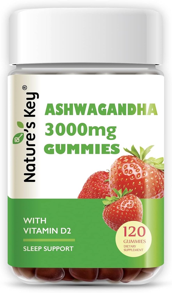 Las claves de la naturaleza Ashwagandha Gummies, alta potencia Ashwagandha Root Extracto con vitamina D2, para Hombres &amp; Mujeres, Estrés, Calm Mood & Cognition, Strawberry Flavor (120 Cuenta (Pack of 1)
