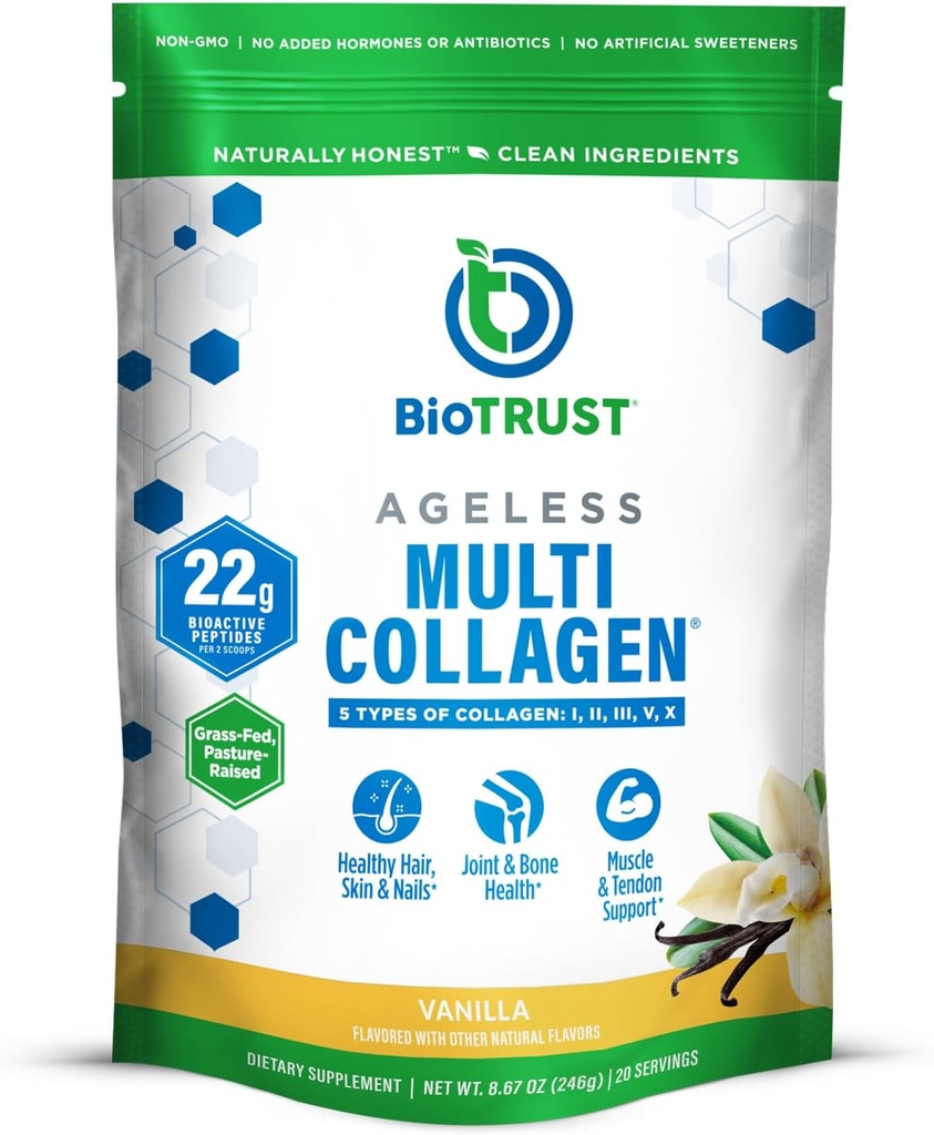 BioTrust Ageless Multi Collagen Peptides Polvo – 5 Tipos (I, II, III, V, X) – Vanilla Collagen Powder for Women &amp; Men – Hydrolyzed Protein – Grass Fed Beef, Fish, Chicken, Eggshell Membrane