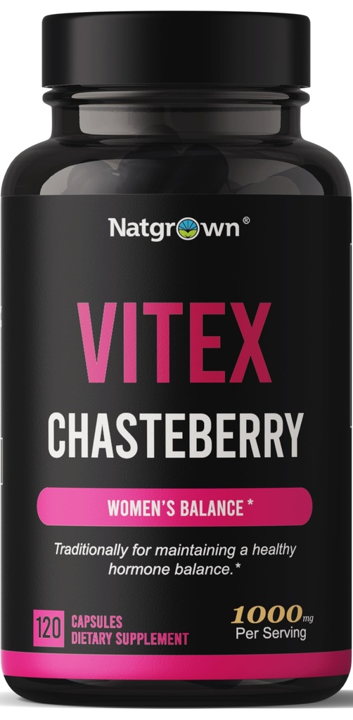 Natgrown Vitex Chasteberry Suplemento para Mujeres 1,000 mg - Soportes Equilibrio hormonal & fertilidad - Agnus Castus Chaste Tree Vitex Berry Fruit Extract Capsules - 120 Ct