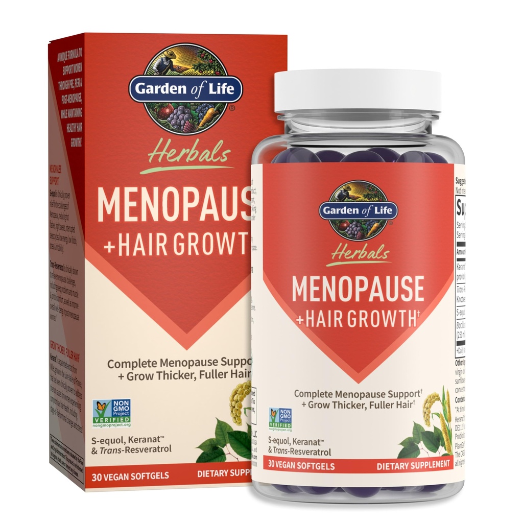 Garden of Life Herbals Menopause Supplement with S-equol & Trans-Resveratrol for Multi-Symptom Relief, Keranat for Thicker, Fuller Hair Growth – Non-GMO, Gluten-Free, Vegan, Berry Flavor, 30 Servings
