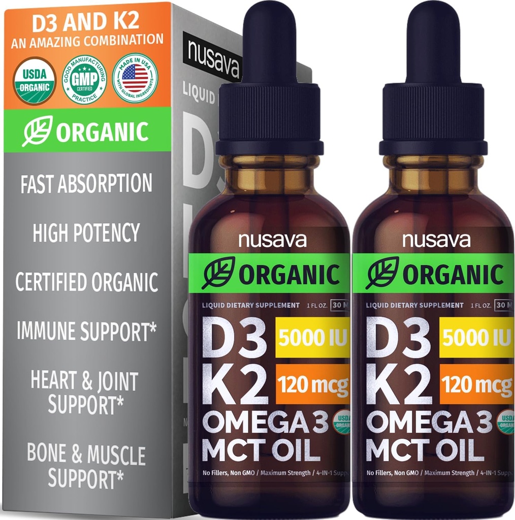 (2 Pack) Vitamina Orgánica D3 K2 gotas con aceite MCT, Omega 3, 5000 UI - Vitamina D Líquida, No Fillers, No GMO D3 para Defensas del Cuerpo y Absorción del Más rápido, Desflavorado, 2 Fl Oz
