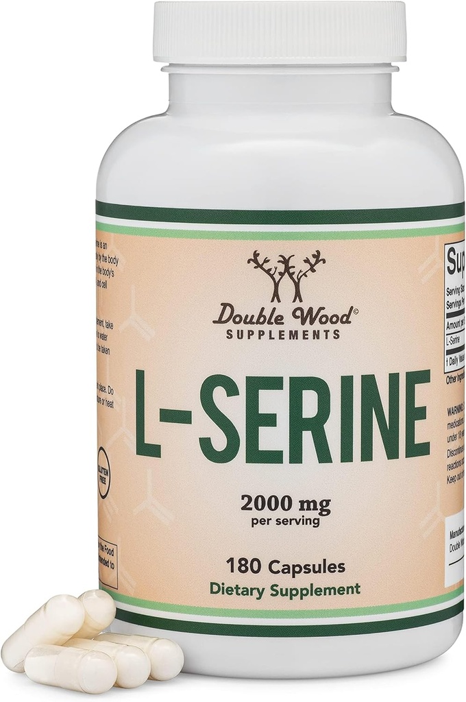 L-Serine Capsules (Tercera Parte Tested) - 2.000 mg Servimientos Usados en Estudio Clínico, 180 Cuenta, 500 mg por Cápsula (L Serine Amino Acido para Producción de Serotonina y Apoyo Cerebral) por Madera Doble