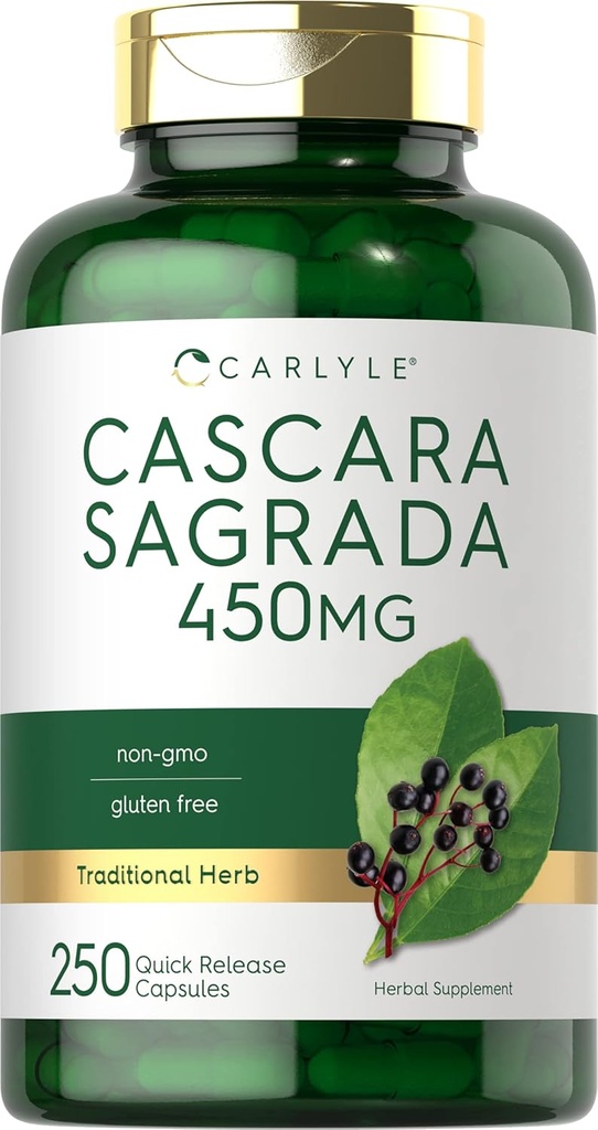 Carlyle Cascara Sagrada Capsules TEN 450 mg TENIDO 250 Conde TENIDO Suplemento Herbal TENIDO NO GMO, Gluten Free