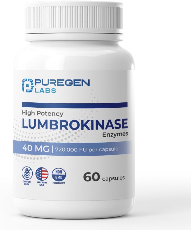 Puregen Labs Lumbrokinase 40mg per Capsule High Potency Supplement TEN High Activity Lumbrokinase Enzymes TEN No Harmful Additives ← Non-GMO TEN Gluten Free TEN Made in USA - 60 Vegetarian Capsules