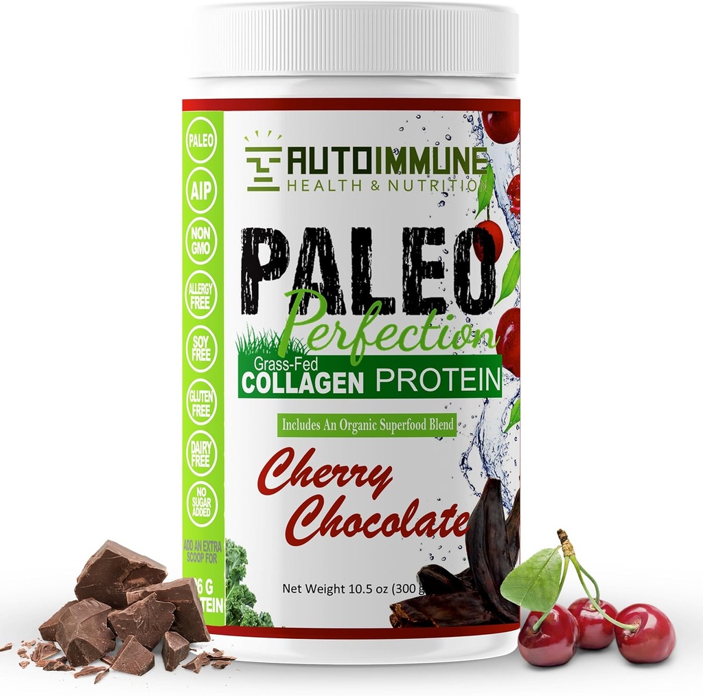 Perfección de Paleo Cereza Chocolate Grass Colágeno de Carne Proteína con Stevia - Paleo, Keto, SCD, AIP Protein Powder w / Apple Fiber, Carrot & Broccoli - 300g Protein Powder &amp; Superfood Blend