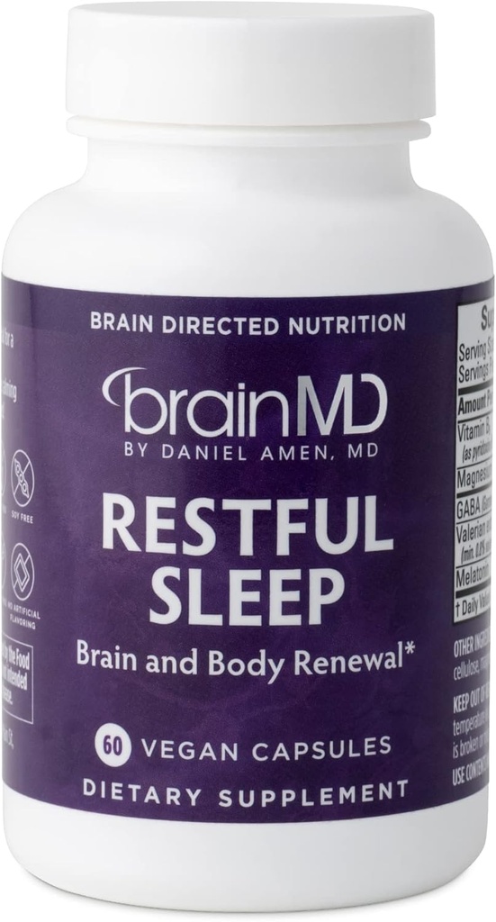 Dr. Amen brainMD Descanso sueño - 60 cápsulas - Promociona la relajación &amp; calma, Contiene Melatonina, Valerian, GABA &amp; Magnesium, Non-Habit Forming - Sin gluten - 15 Servimientos