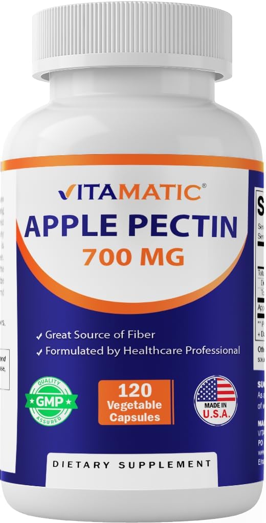 Vitamatic Apple Pectin 700mg – 120 cápsulas vegetarianas por botella Suplemento de fibra dietética natural – apoya la salud digestiva y la regularidad*