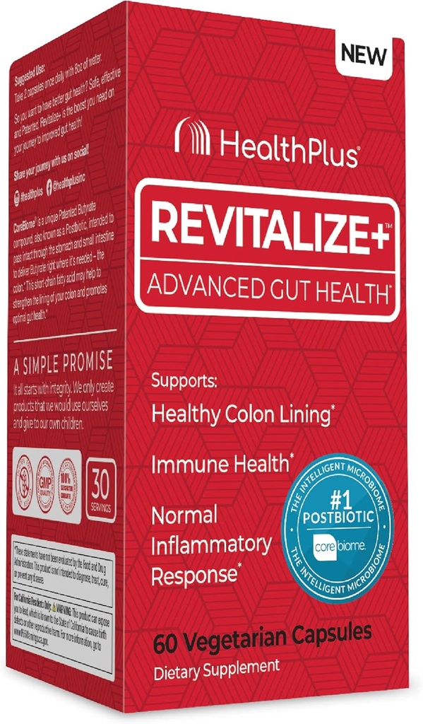 Health Plus Revitalize+ Corebiome Tributyrin Postbiotics for Complete Digestive Health, Leaky Gut, Colon peru Gut Health Supplements for Men &amp; Women TEN 60 Capsules, 30 Servings