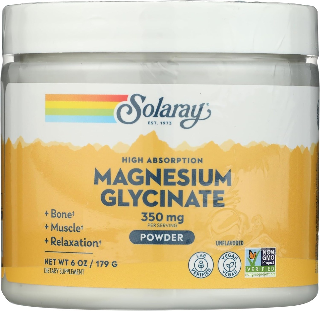 SOLARAY Magnesium Glycinate Powder 350 mg - Unflavored Magnesium Powder - Suplemento de Magnesio para Bone, Muscle y Soporte de Relajación - Vegan, No GMO, Garantía de 60 días - 50 Serviciones, 6 OZ