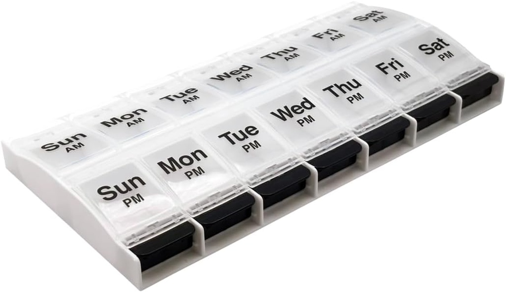 EZY DOSE Push Button (7-Day) Pill Case, Medicine Planner, Vitamin Organizer, 2 veces al día, AM/PM Container, X-Large Compartments, Arthritis Friendly, Easy to Use, Clear Lids, Clear/Black, BPA Free