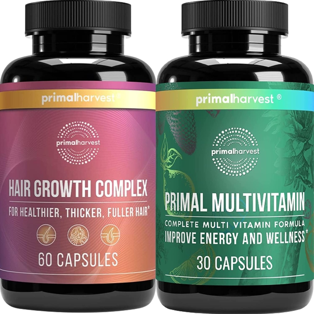 Primal Crecimiento del cabello de cosecha & Suplementos multivitamínicos para Mujeres y Hombres Multi cápsulas de vitaminas y peluquería Complejo píldoras Bundle