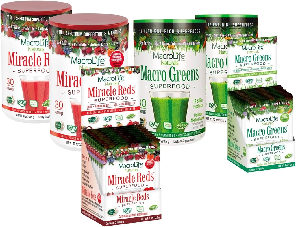 MacroLife Survivor 6-Count Bundle, 2 Macro Greens 10oz +1 Packet Box (12ct), 2 Rojos Milagros 10oz +1 Packet Box (12ct)