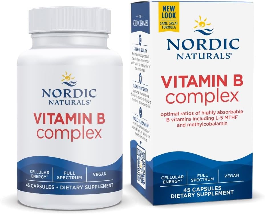 Complejo Nórdico de vitamina B - 45 cápsulas Thiamine, Riboflavin, Niacin, B6 &amp; B12, Folate, Biotin, Pantothenic Acid Heart Brain Health, Energy, Metabolism Non-GMO Servings
