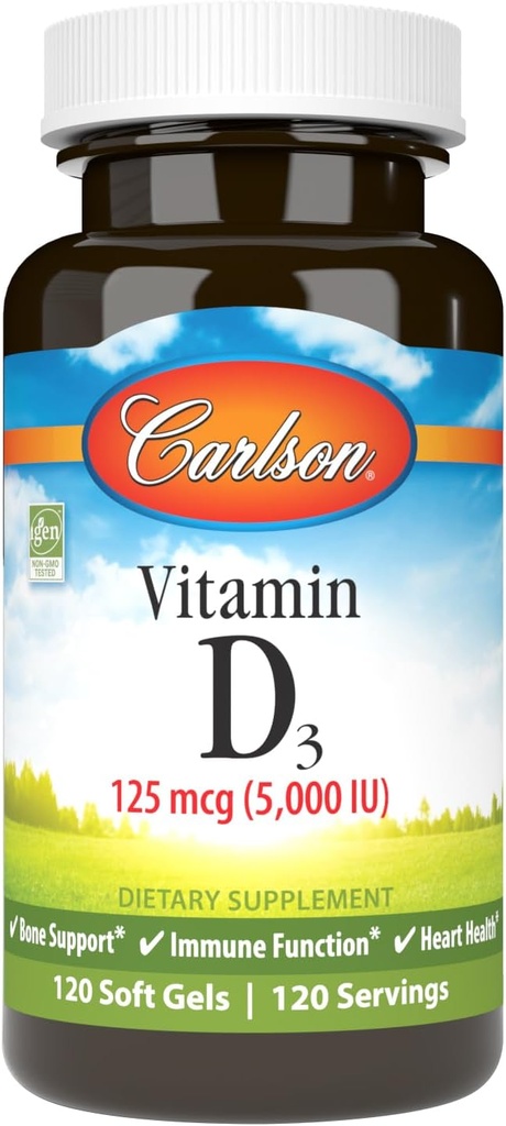 Carlson - Vitamin D3 5000 IU (125 mcg), Bone Health, Muscle Health, Cholecalciferol, Vitamin D Supplements, Vitamin D3 Soft Gels, 120 Softgels