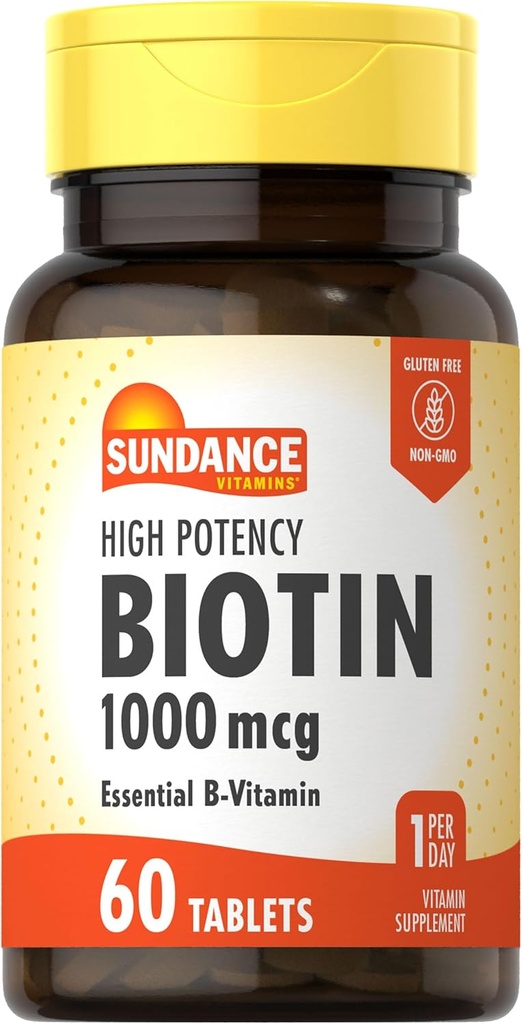 Sundance High Potency Biotin 1000 mcg Suplemento ← Essential B Vitamin Tablets ← Vegetariano, No Gluten Free