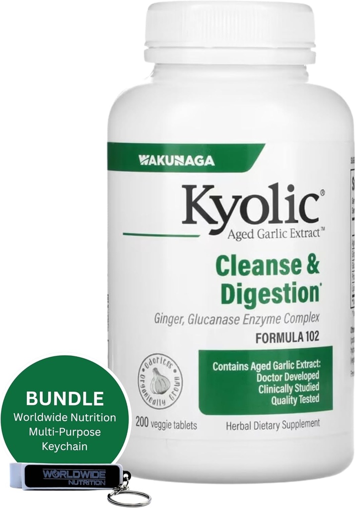Worldwide Nutrition Bundle: Kyolic Aged Garlic Extract 200 Veggie Tablets Formula 102 Cleanse & Digestion - Enriched with Garlic Ginger Supplement - 200 Counts with Multi-Purpose Key Chain